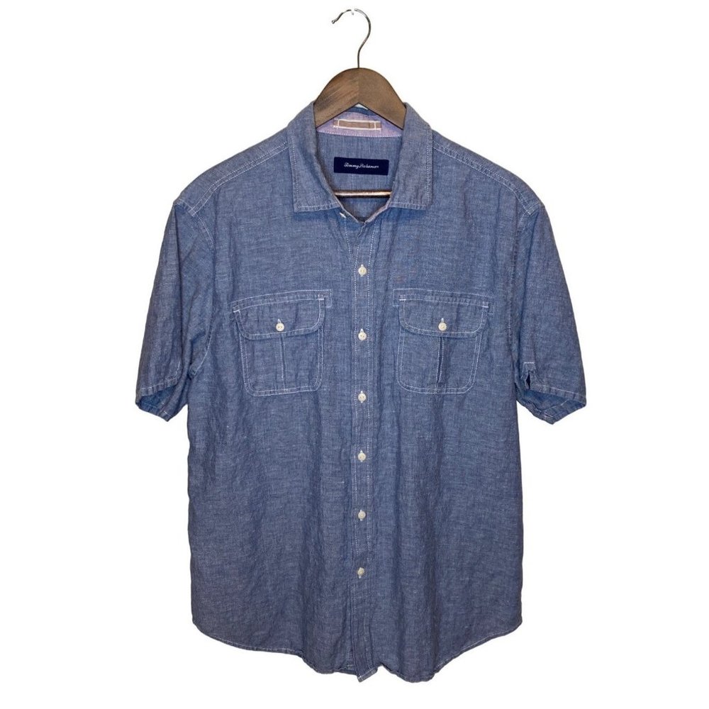 Tommy Bahama blue short sleeve linen blend button down shirt size L